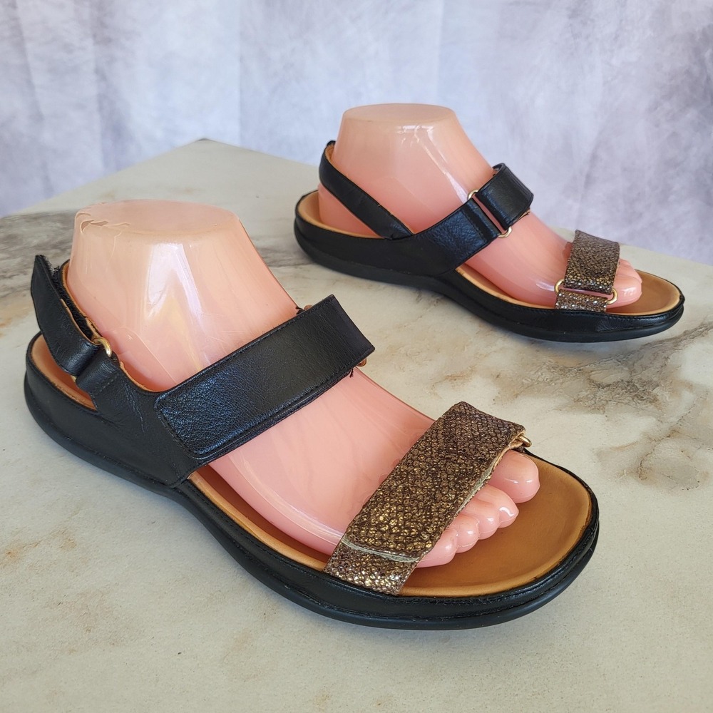 Strive Kona Sandals Womens Size 7.5 Black Leather Slingback Glitter Arch Support